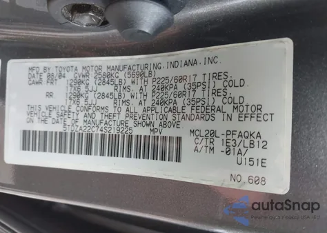 2004 Toyota Sienna Xle из США, поврежденный, VIN 5TDZA22C74S219225